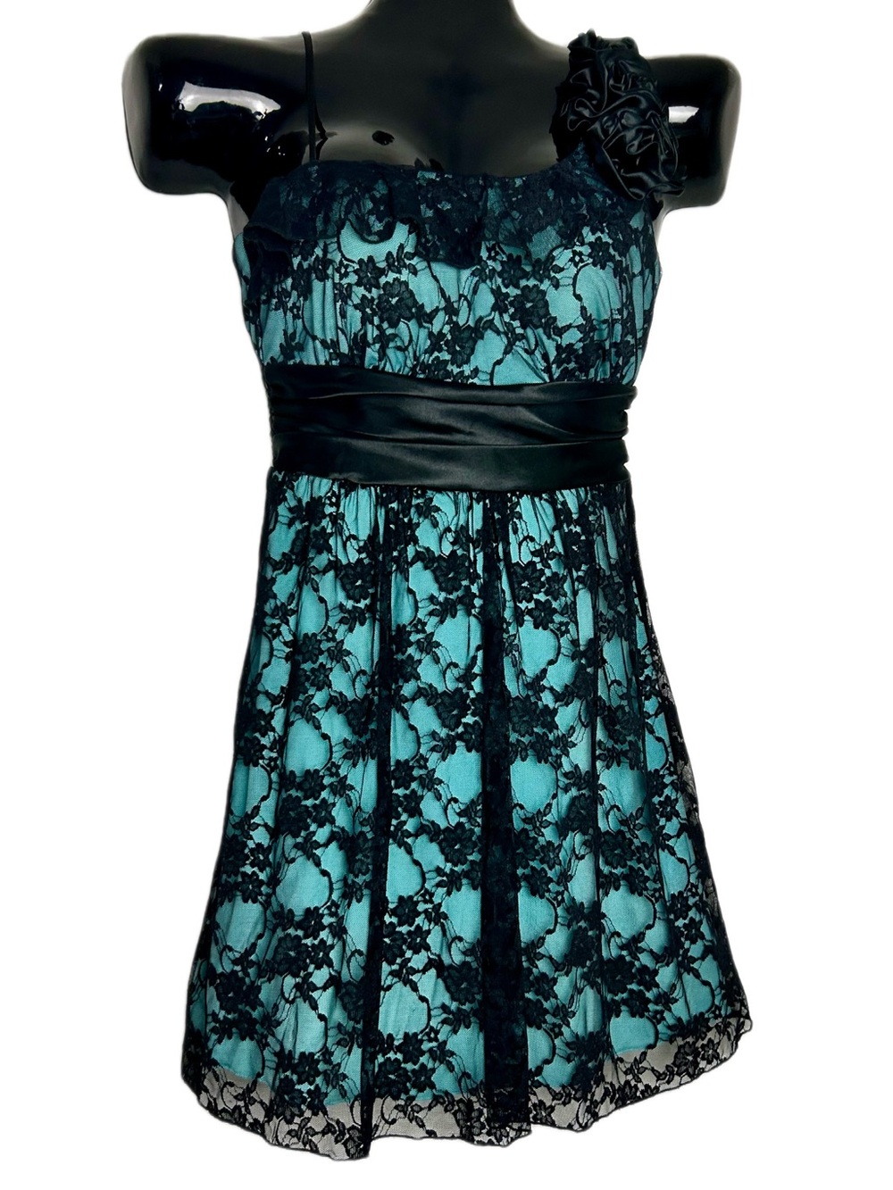 *NWOT -Teal One-Shoulder Lace Dress with Black Sash